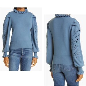 NWT Haute Hippie Mariana Eyelet Sleeve Sweater Coronet Blue Small Retail$325